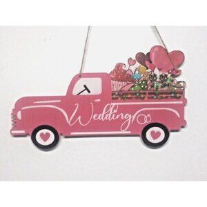 NEW Wedding Pink Pick-up Truck 14"x8" Wall Art Hanger Plaque Country Wood Decor